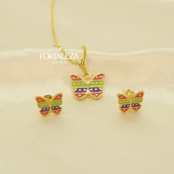 Conjunto Borboleta Resinado Banhado a Ouro 18k