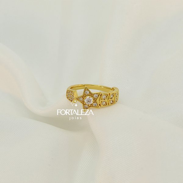Anel Regulável de Estrela Cravejada e Banhado a Ouro 18k