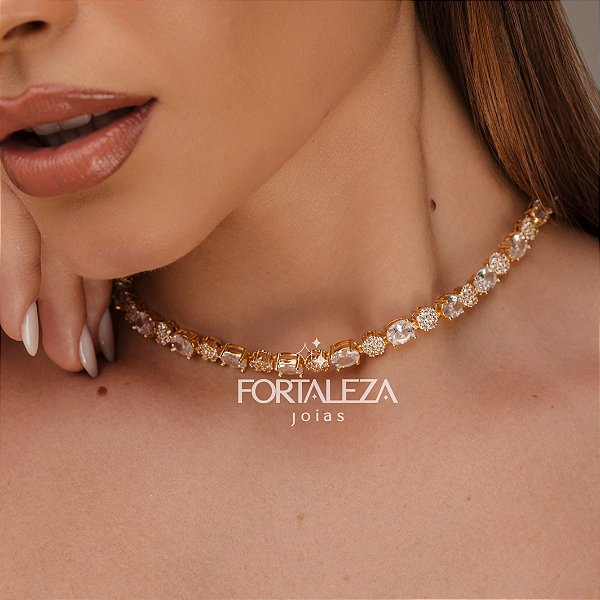Gargantilha Cravejada em Zircônia Cristal Banhado a Ouro 18k