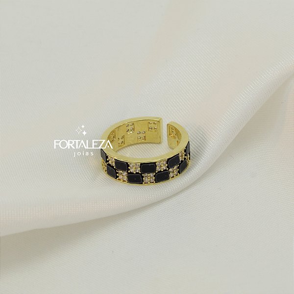 Anel Xadrez com Resina e Zircônia Cristal Banhado a Ouro 18k