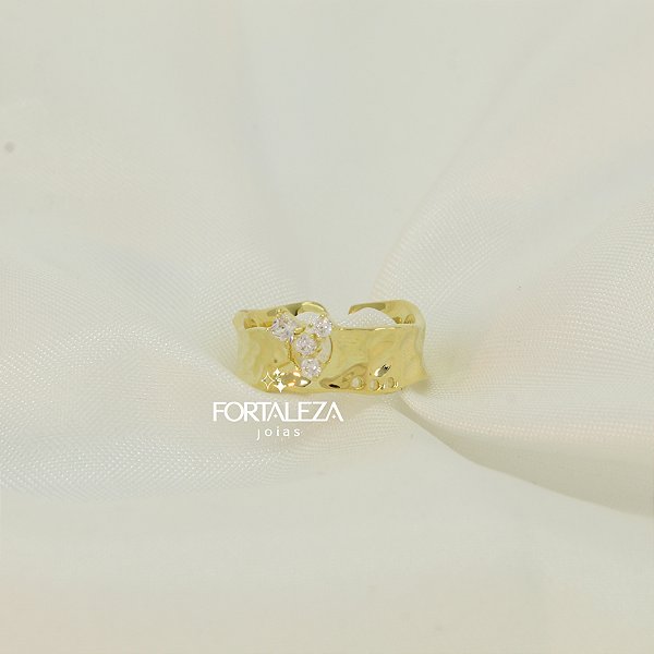 Anel Regulável Orgânico com Zircônia Banhado a Ouro 18k