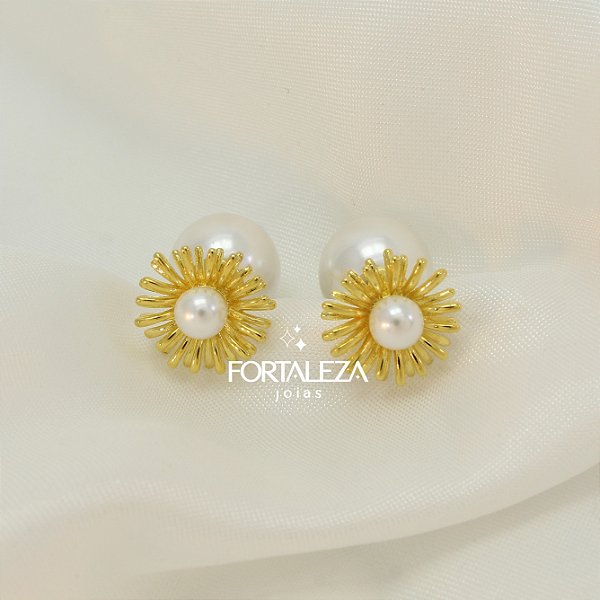 Brinco Ear Jacket de Flor com Pérola Banhado a Ouro 18k