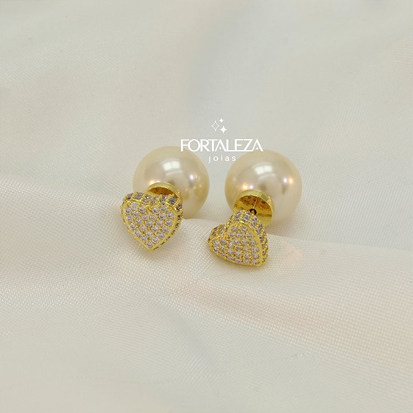 Brinco Ear Jacket de Coração Cravejado Banhado a Ouro 18k
