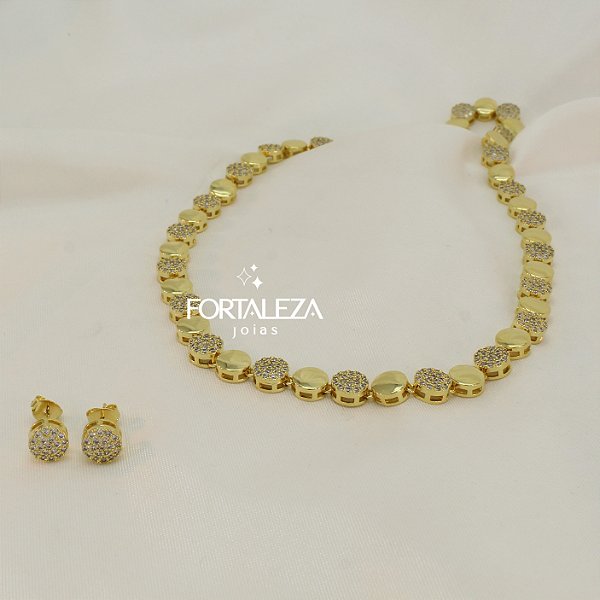 Conjunto Bola Polida e Cravejada Banhado a Ouro 18k