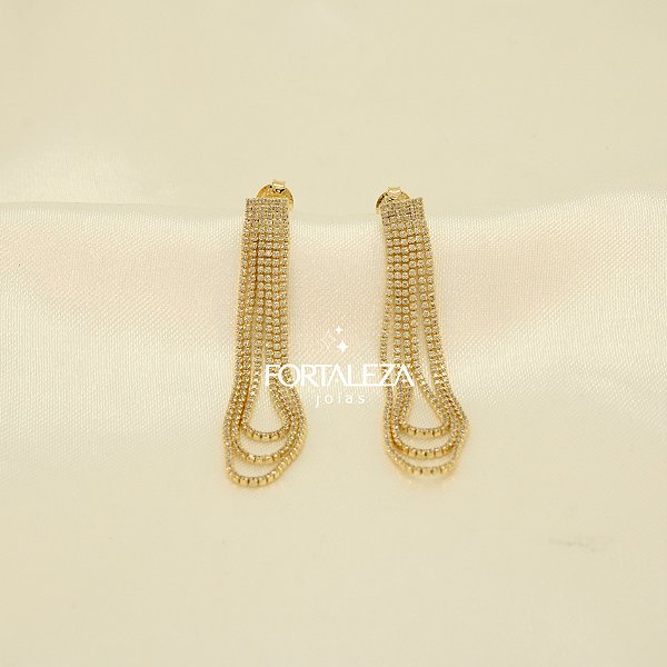Brinco de Franja em Cascata Cravejado Banhado a Ouro 18k