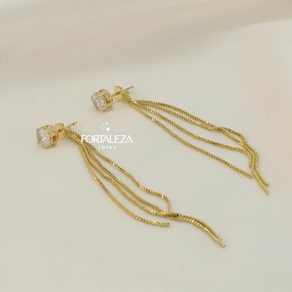 Brinco Ear Jacket Ponto de Luz e Franja Banhado a Ouro 18k