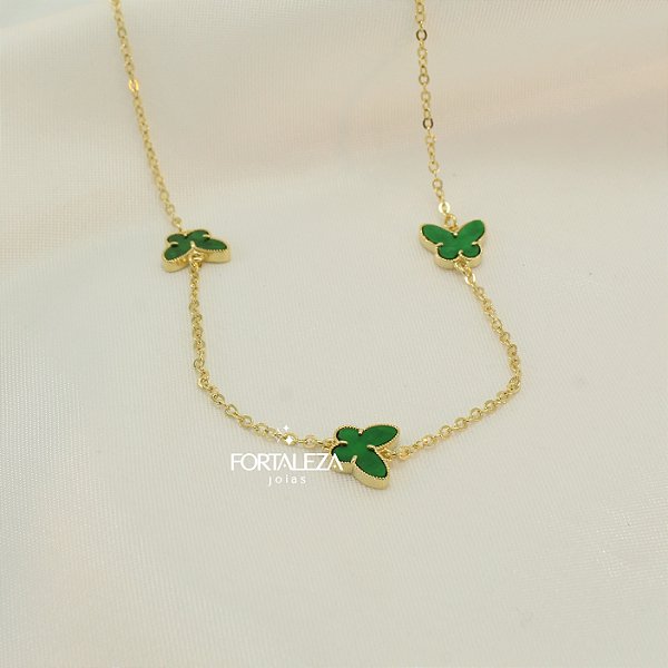 Gargantilha de Borboletas com Resina Banhado a Ouro 18k
