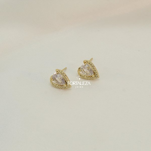 Brinco Coração Texturizado com Zircônia Banhado a Ouro 18k