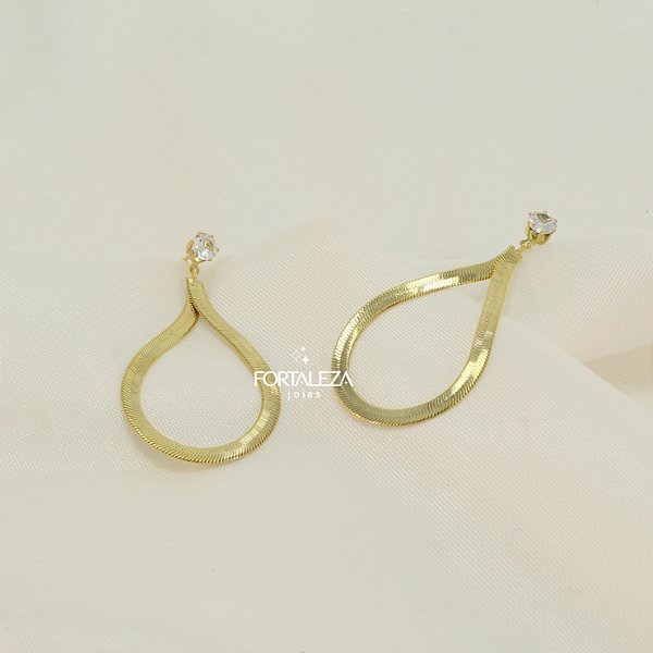 Brinco Gota com Corrente Laminada Banhado a Ouro 18k