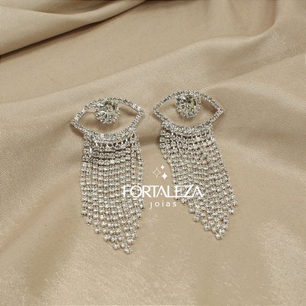 Brinco Olho com Franja Cravejado em Zircônia Banhado a Prata