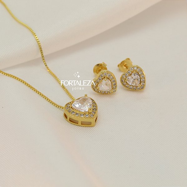 Conjunto Coração Cravejado em Zircônia Banhado a Ouro 18k