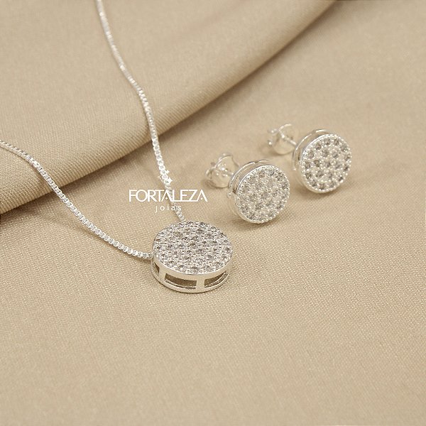 Conjunto Cravejado em Zircônia Cristal Banhado a Prata