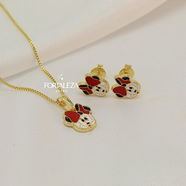 Conjunto Minnie Resinada Banhado a Ouro 18k