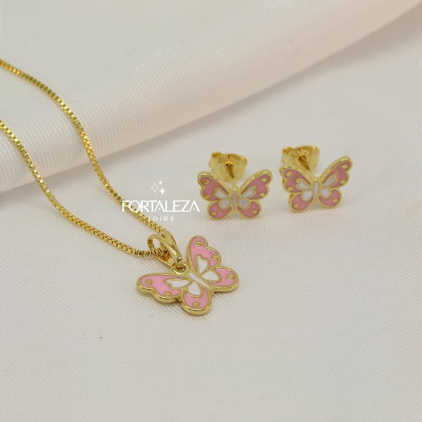 Conjunto Borboleta Resinada Banhado a Ouro 18k
