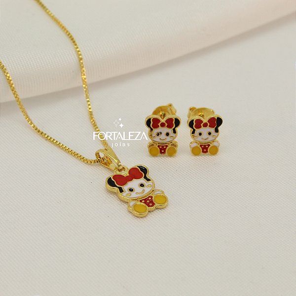 Conjunto Minnie Resinada Banhado a Ouro 18k