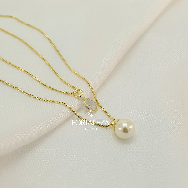 Gargantilha Dupla Pérola e Gota Zircônia Banhado a Ouro 18k