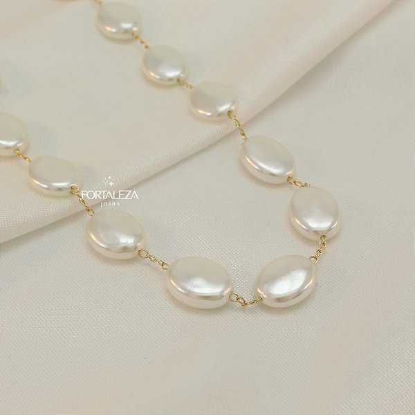 Gargantilha de Pérola Botão Banhado a Ouro 18k