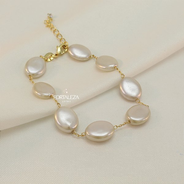 Pulseira de Pérola Botão Banhado a Ouro 18k