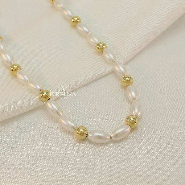Gargantilha de Pérolas Ovais com Bolinhas Banhado a Ouro 18k
