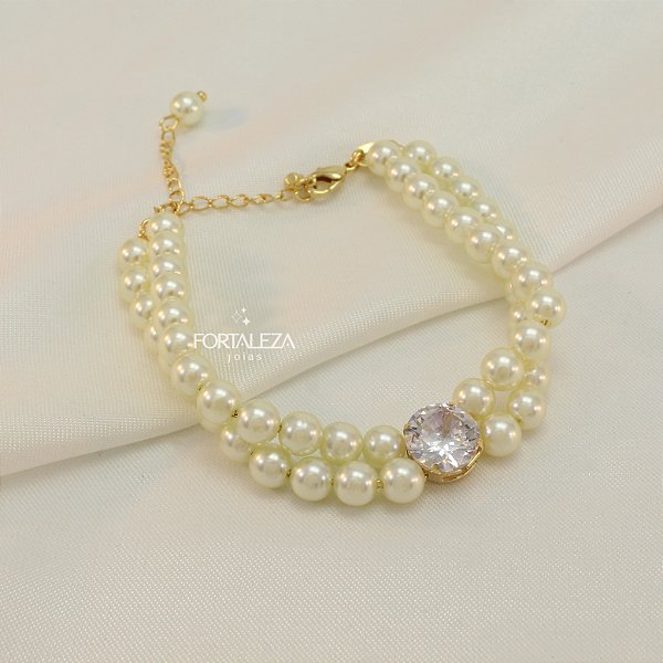 Pulseira Dupla de Pérolas com Pingente de Zircônia Banhado a Ouro 18k