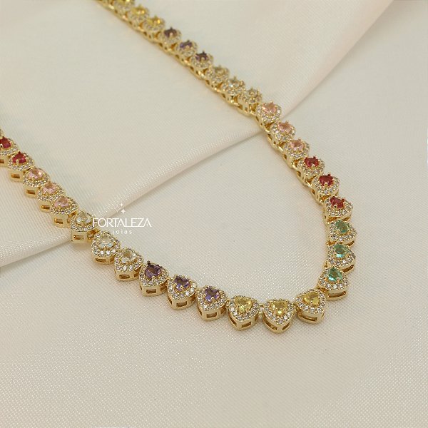 Gargantilha de Corações Cravejada em Zircônia Banhado a Ouro 18k