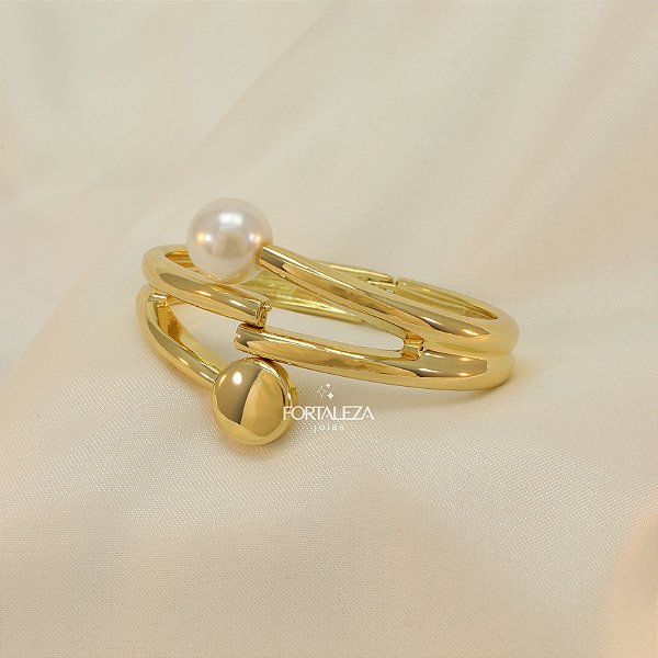 Bracelete com Detalhe de Aro Duplo e Pérola Banhado a Ouro 18k