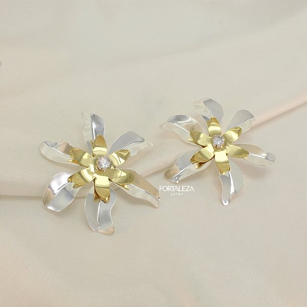 Brinco Quatro em Um Flor com Zircônia Banhado a Prata e Ouro 18k