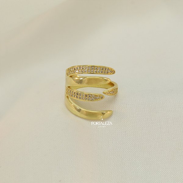 Anel Regulável de Garras com Detalhe de Zircônia Banhado a Ouro 18k