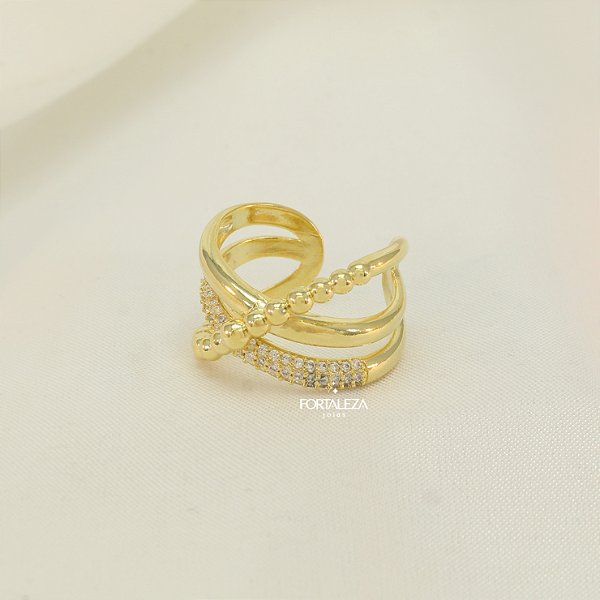 Anel Regulável com Detalhe de Bolinhas e Zircônias Banhado a Ouro 18k