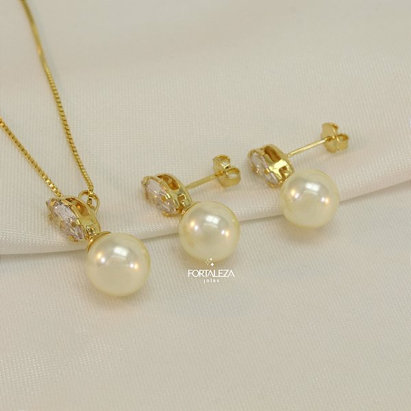 Conjunto Pérola e Zircônia Cristal Banhado a Ouro 18k