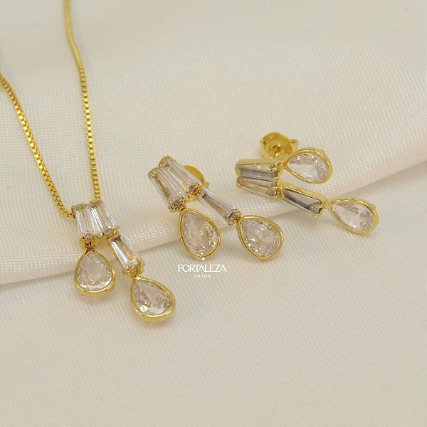 Conjunto Trabalhado em Zircônia Banhado a Ouro 18k
