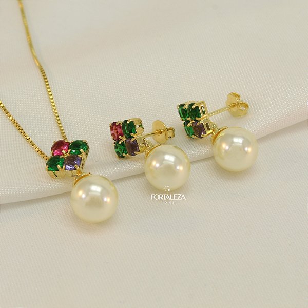 Conjunto com Zircônias Coloridas e Pérola Banhado a Ouro 18k