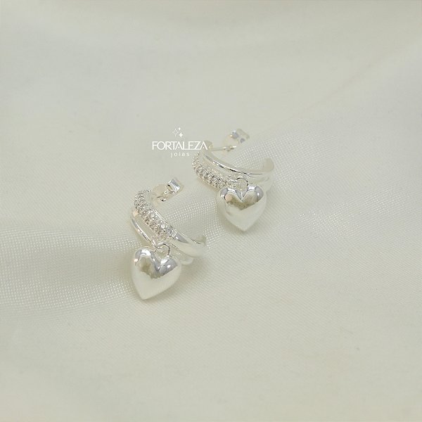 Brinco Argola com Pingente Coração Banhado em Prata
