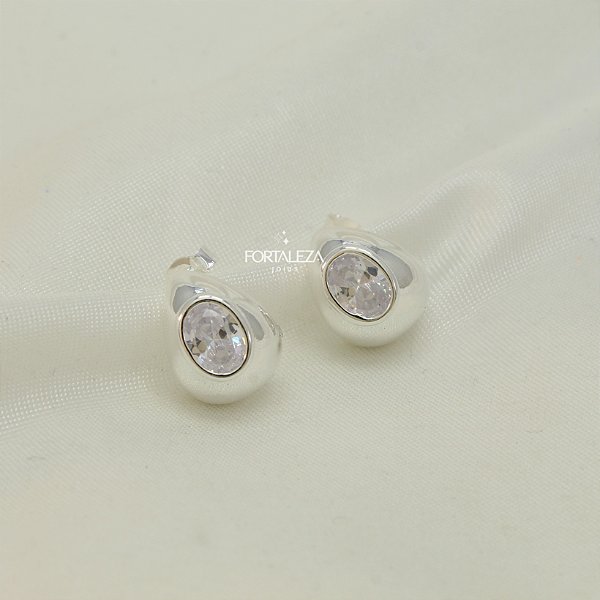 Brinco Meia Argola com Zircônia Banhado em Prata