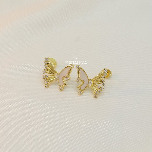 Brinco Borboleta com Resina e Zircônia Banhado a Ouro 18k