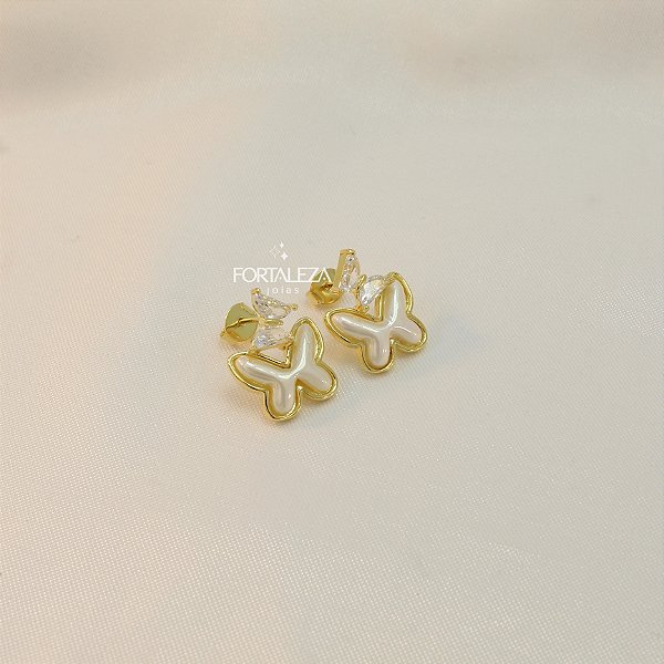Brinco Borboleta Perolada Banhado a Ouro 18k