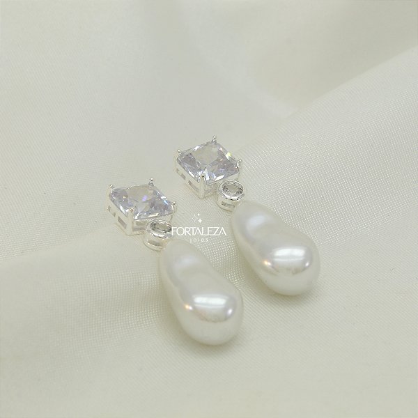 Brinco de Pérola Barroca com Zircônia Banhado a Prata