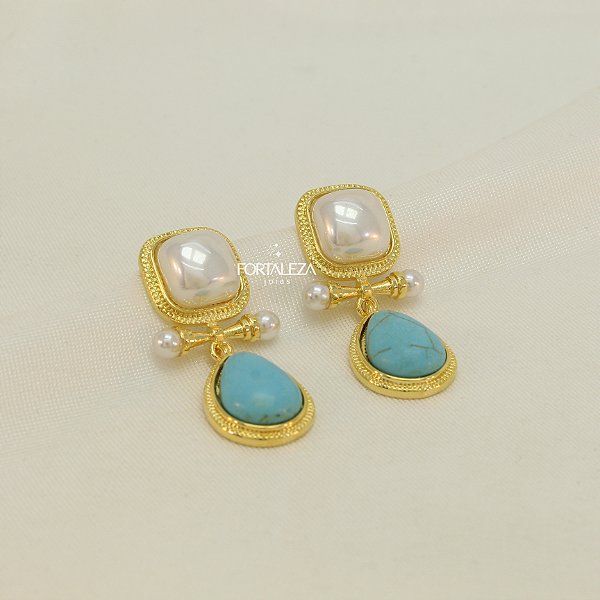 Brinco de Pérola Quadrada e Pingente Gota de Pedra Turquesa Banhado a Ouro 18k