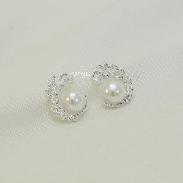 Brinco de Pérola e Zircônia Cristal Banhado a Prata