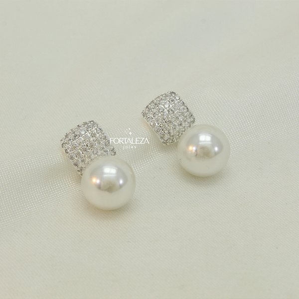 Brinco Pavê com Pérola Pendente Banhado a Prata