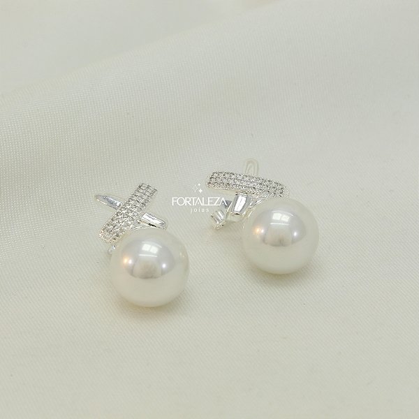 Brinco Pérola com X Cravejado Banhado a Prata