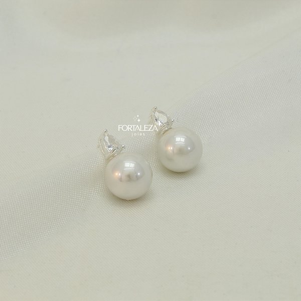 Brinco de Pérola Cravejada com Zircônia Cristal Banhado a Prata