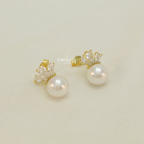 Brinco de Pérola com Detalhes Cravejados Banhado a Ouro 18k