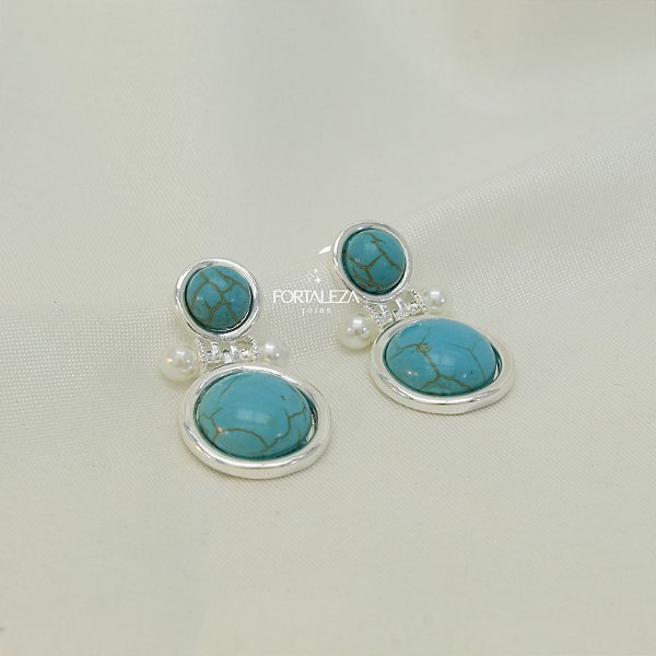 Brinco com Pedra Turquesa e Detalhes em Pérola Banhado a Prata