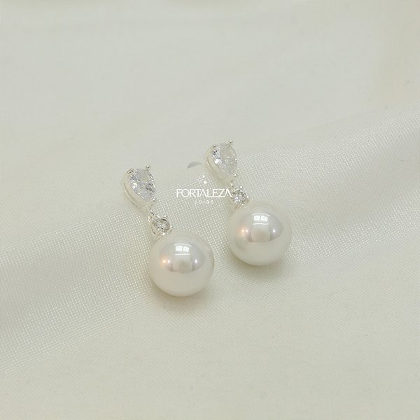 Brinco Clássico de Gota com Zircônia Cristal e Pérola Banhado a Prata