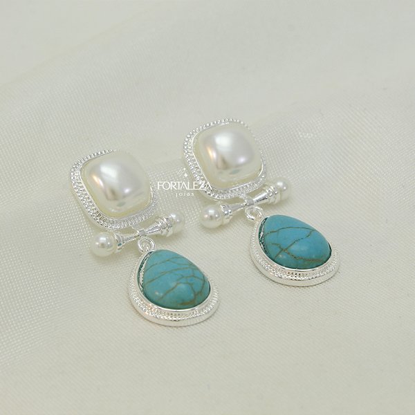 Brinco de Pérola Quadrada e Pingente Gota de Pedra Turquesa Banhado a Prata