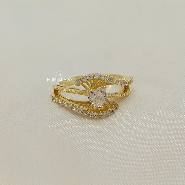 Anel Coração Trabalhado em Zircônia Banhado a Ouro 18k