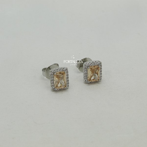 Brinco Quadrado com Zircônia Cristal Banhado a Ouro Branco