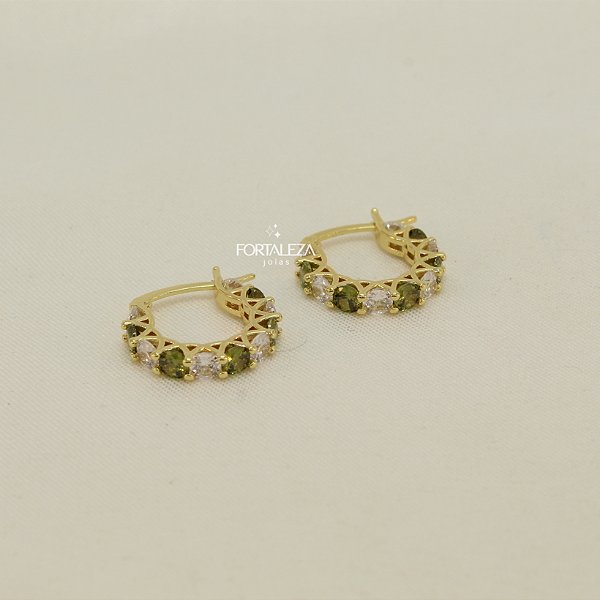 Brinco Argola Cravejada com Zircônias Cristal e Quartzo Amarelo Abacaxi Banhado a Ouro 18k