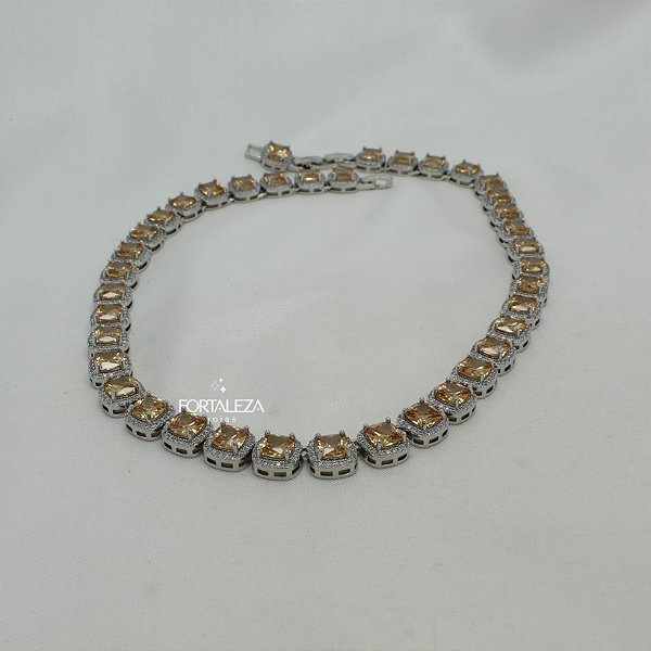 Gargantilha com Zircônia Cristal Laranja Imperial Banhado a Ouro Branco